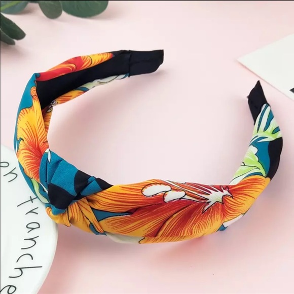 Accessories - Teal with Orange Flowers Top Knot Headband